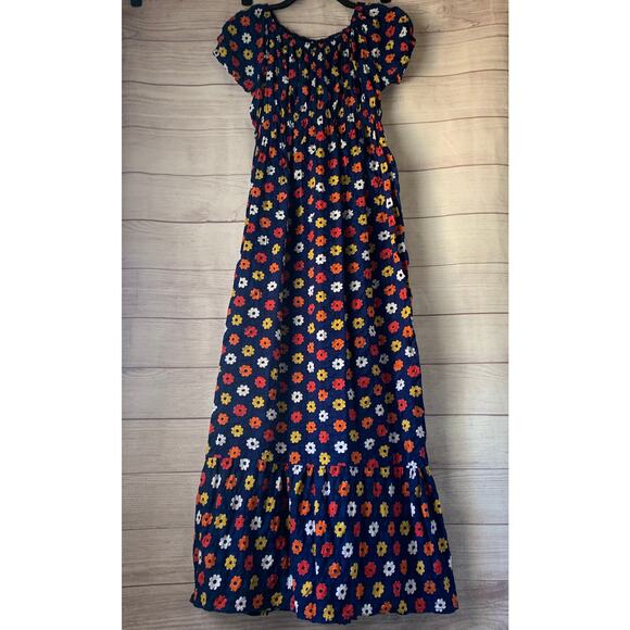 Navy Blue Colorful Floral Maxi Dress Textured Puckered Short Puff Sleeves - Picture 1 of 13